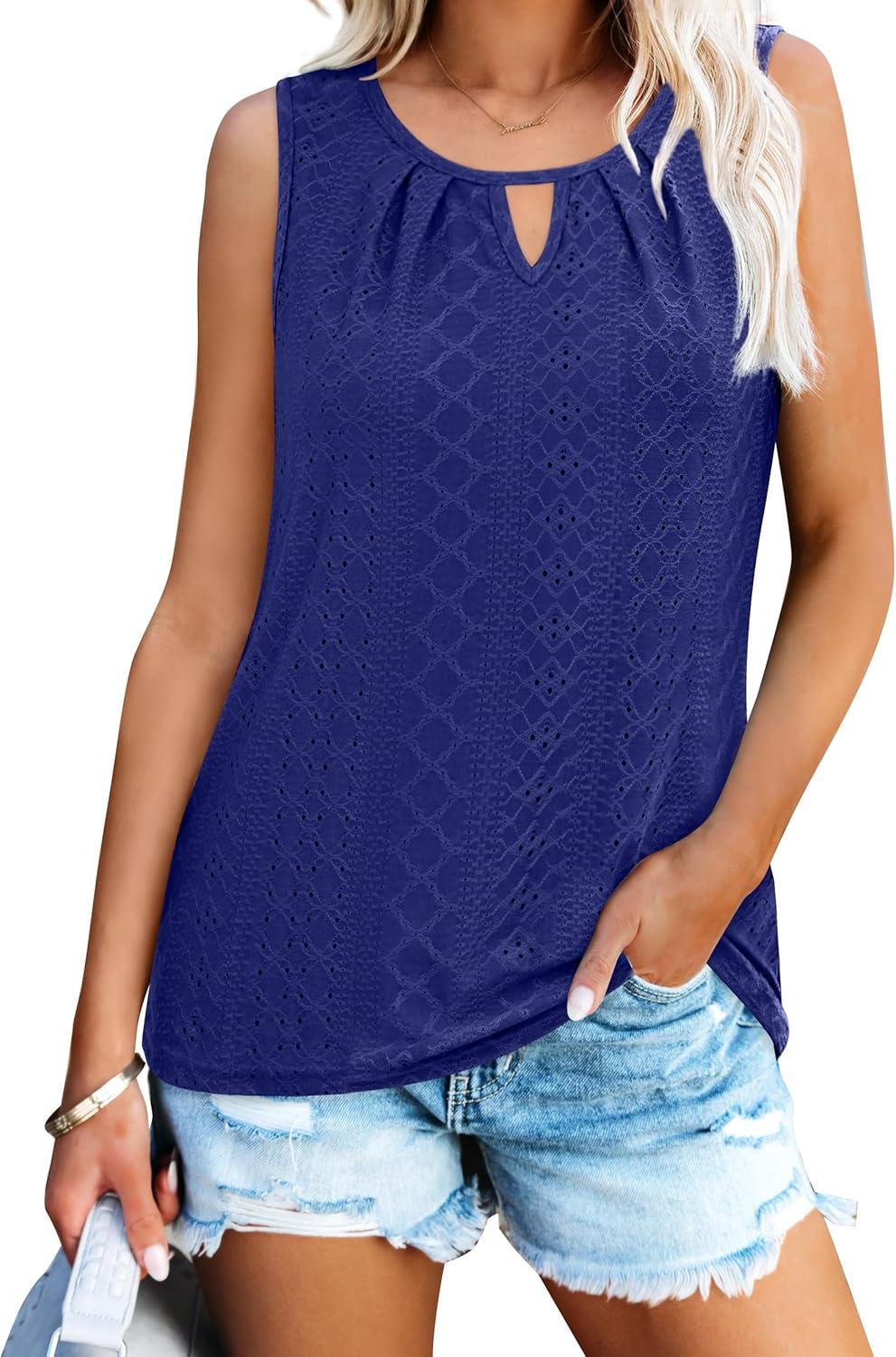 imageWIHOLL Womens Tank Tops Loose Fit Casual Sleeveless Tops Keyhole Neck Trendy Summer Tops Flowy Clothes Outfits 2025Blue