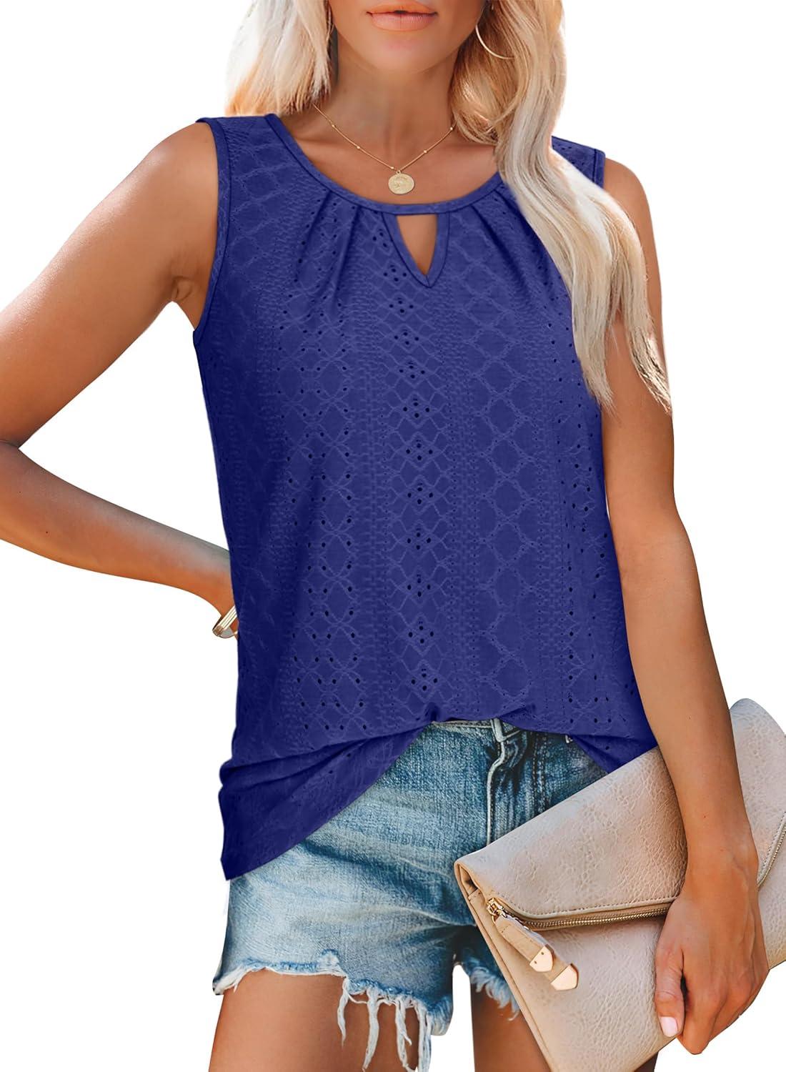 imageWIHOLL Womens Tank Tops Loose Fit Casual Sleeveless Tops Keyhole Neck Trendy Summer Tops Flowy Clothes Outfits 2025Blue