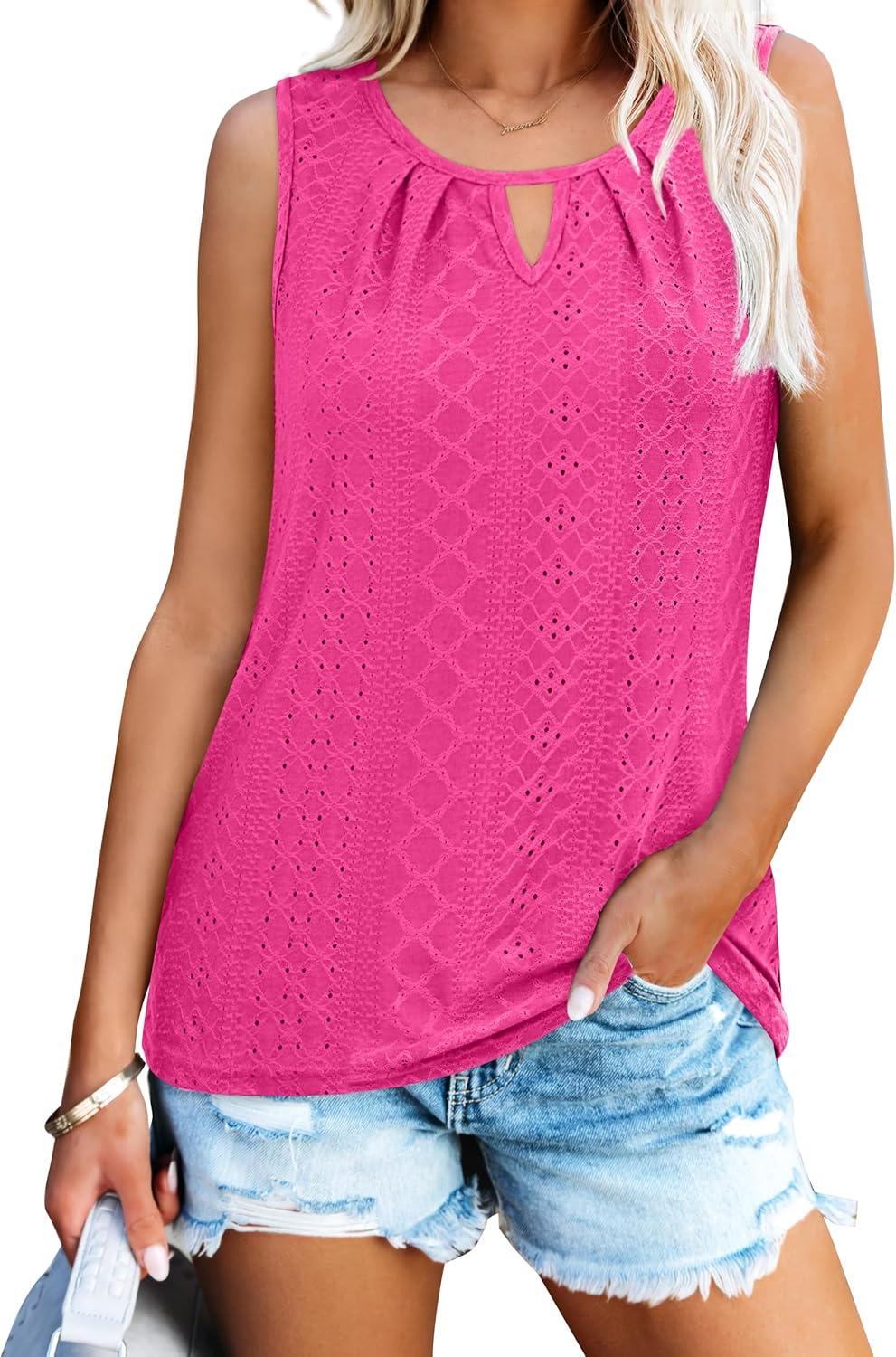 imageWIHOLL Womens Tank Tops Loose Fit Casual Sleeveless Tops Keyhole Neck Trendy Summer Tops Flowy Clothes Outfits 2025Hot Pink