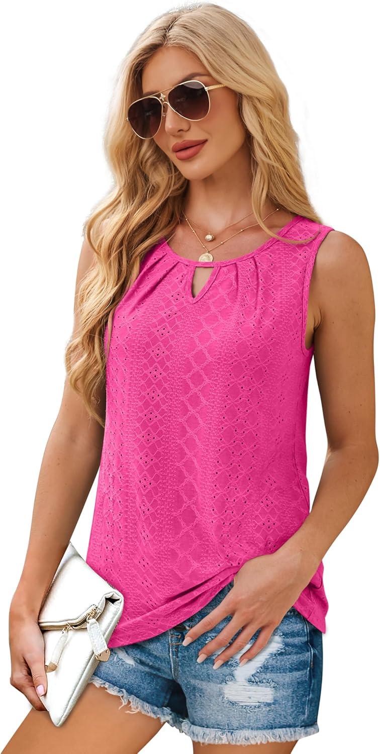 imageWIHOLL Womens Tank Tops Loose Fit Casual Sleeveless Tops Keyhole Neck Trendy Summer Tops Flowy Clothes Outfits 2025Hot Pink
