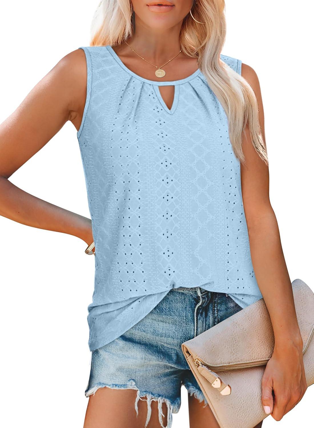 imageWIHOLL Womens Tank Tops Loose Fit Casual Sleeveless Tops Keyhole Neck Trendy Summer Tops Flowy Clothes Outfits 2025Light Blue