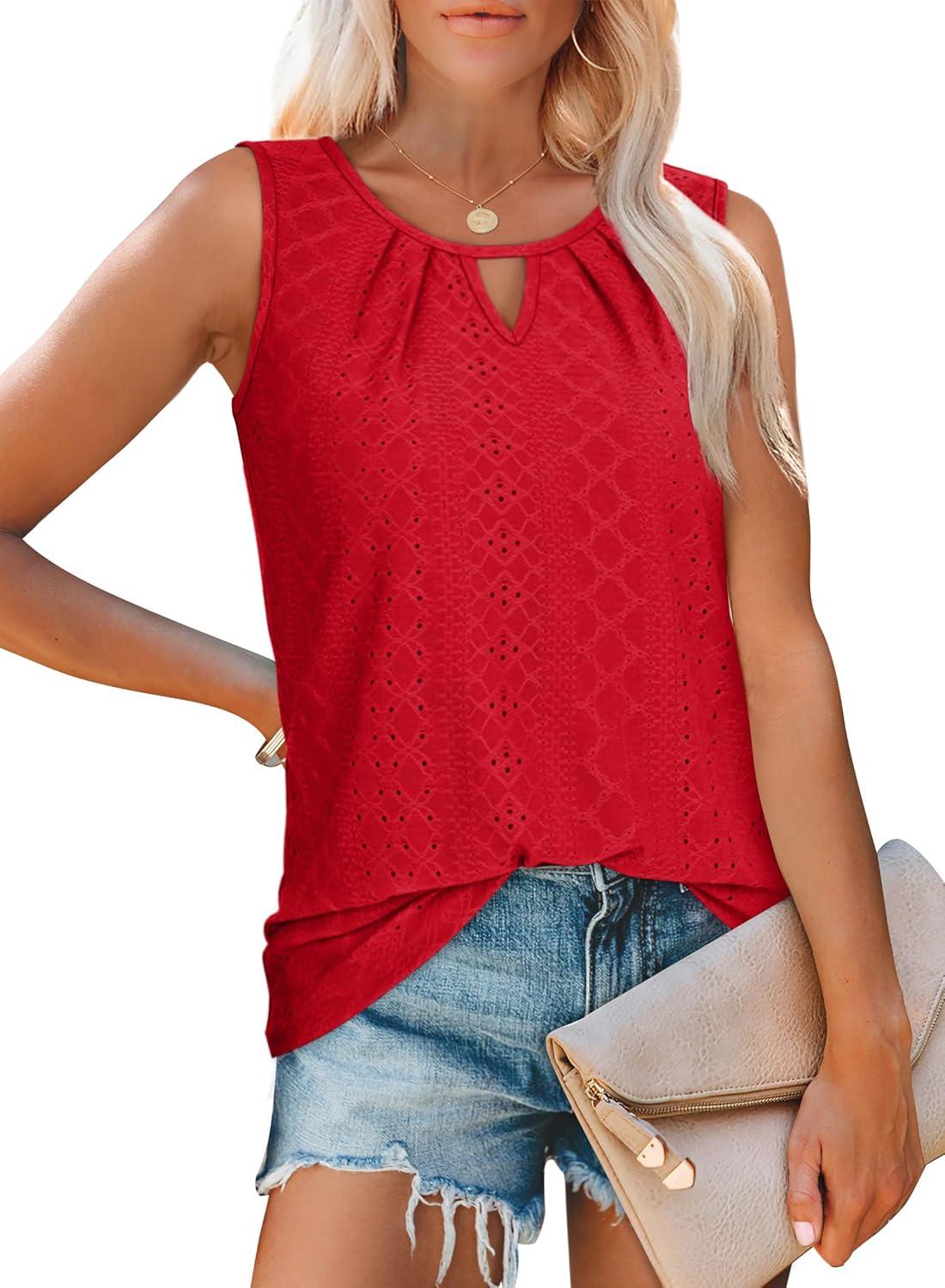 imageWIHOLL Womens Tank Tops Loose Fit Casual Sleeveless Tops Keyhole Neck Trendy Summer Tops Flowy Clothes Outfits 2025Red