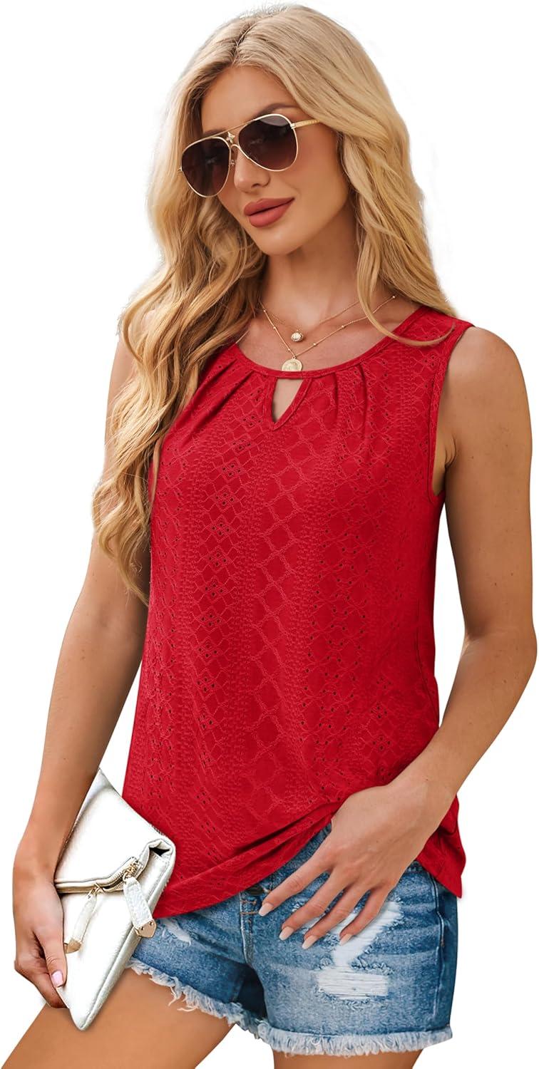 imageWIHOLL Womens Tank Tops Loose Fit Casual Sleeveless Tops Keyhole Neck Trendy Summer Tops Flowy Clothes Outfits 2025Red
