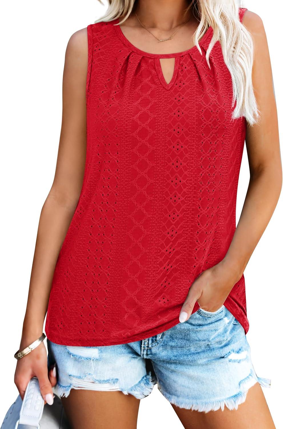 imageWIHOLL Womens Tank Tops Loose Fit Casual Sleeveless Tops Keyhole Neck Trendy Summer Tops Flowy Clothes Outfits 2025Red