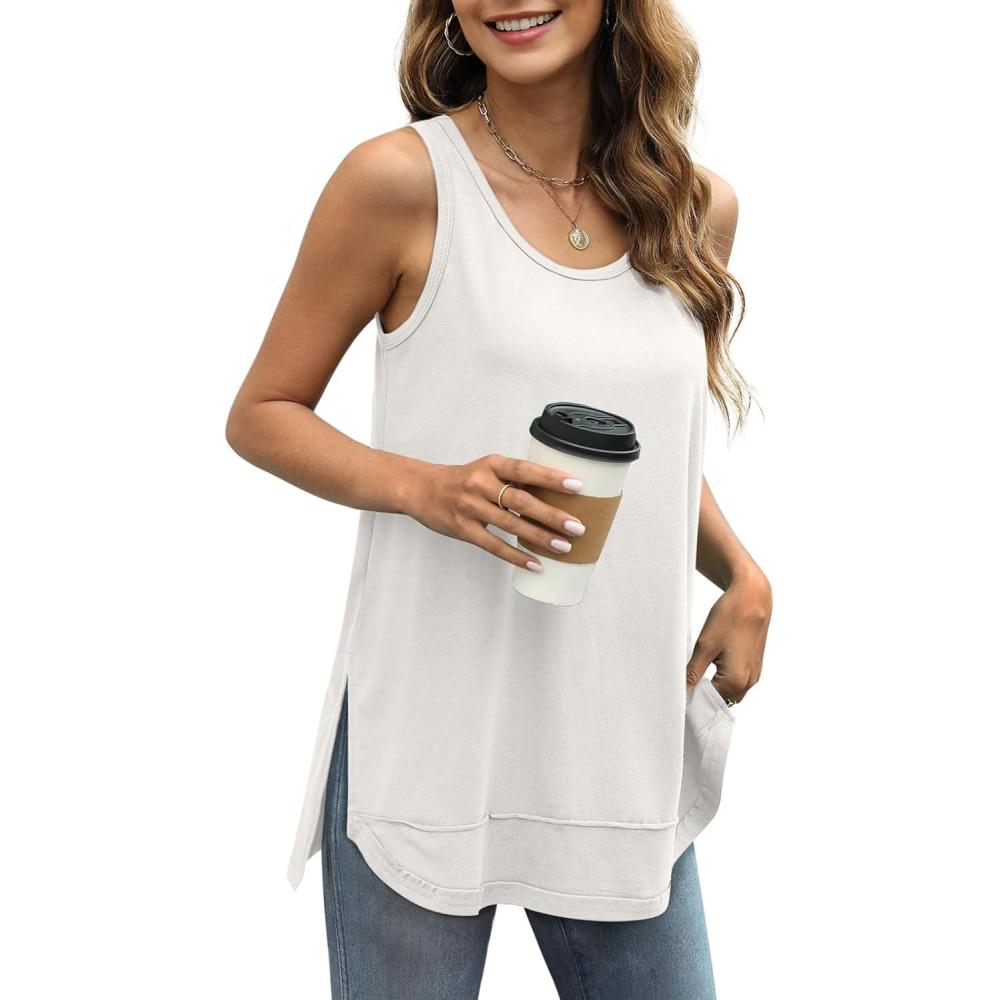 imageWIHOLL Loose Fit Tank Tops for Women Scoop Neck Summer Side Split Sleeveless Shirts 2025 FashionBwhite