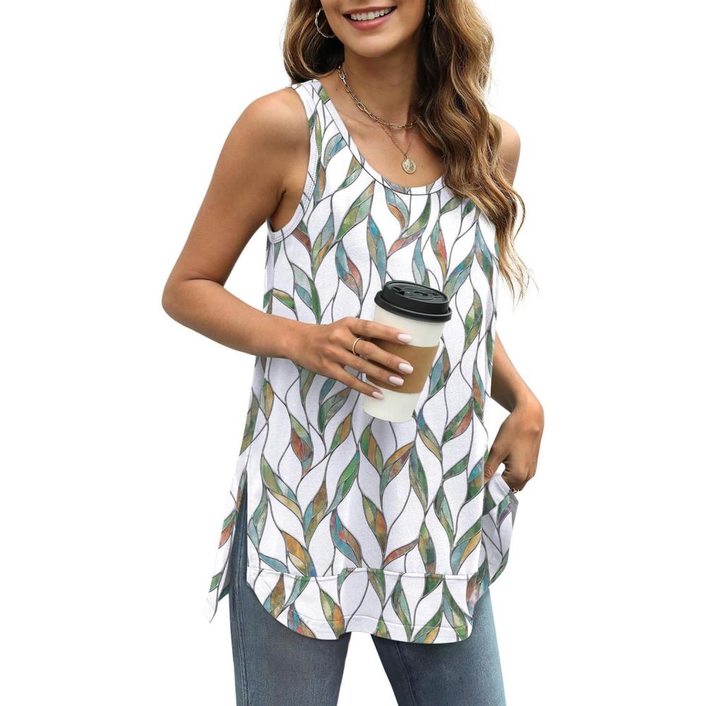 imageWIHOLL Loose Fit Tank Tops for Women Scoop Neck Summer Side Split Sleeveless Shirts 2025 FashionGwhite Print