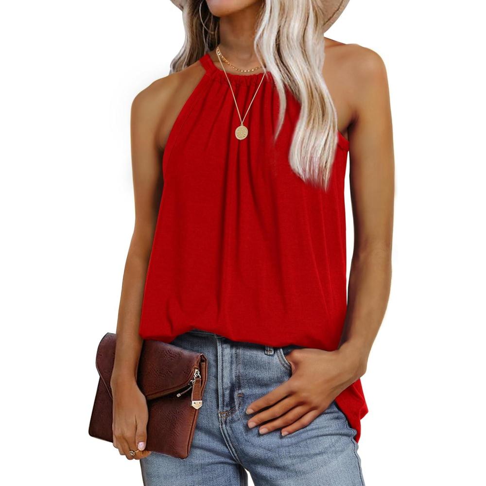 imageWIHOLL Summer Halter Neck Tank Tops for Women Pleated Loose Fit Sleeveless Tops FlowyDred