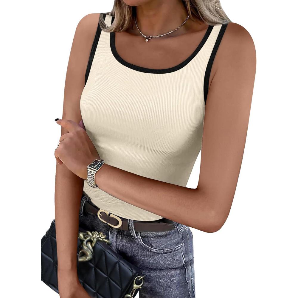imageWIHOLL Womens Ribbed Tank Tops 2025 Summer Scoop Neck Slim Fitted Tops Casual Basic Knit Sleeveless ShirtsColor Block Beige