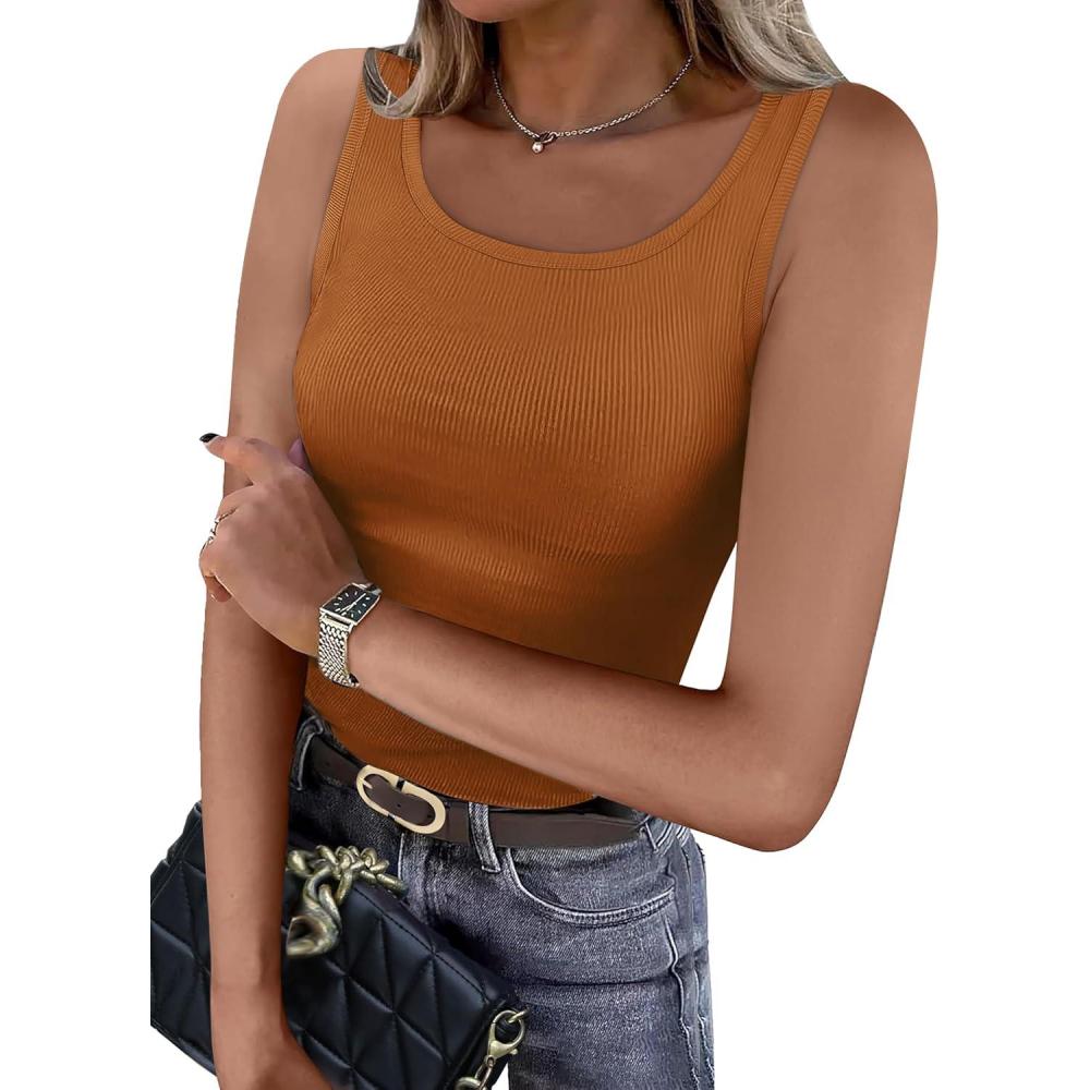 imageWIHOLL Womens Ribbed Tank Tops 2025 Summer Scoop Neck Slim Fitted Tops Casual Basic Knit Sleeveless ShirtsKbrown