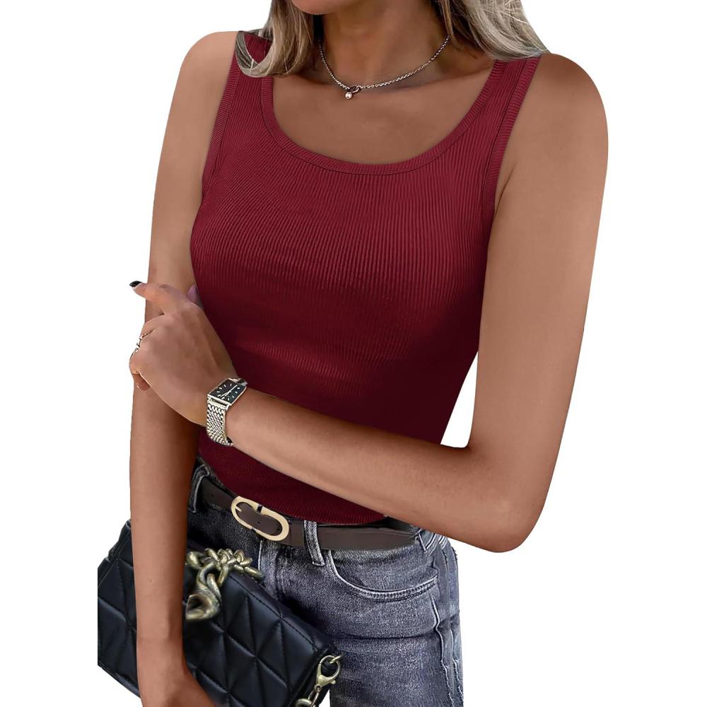imageWIHOLL Womens Ribbed Tank Tops 2025 Summer Scoop Neck Slim Fitted Tops Casual Basic Knit Sleeveless ShirtsRed