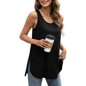 imageWIHOLL Loose Fit Tank Tops for Women Scoop Neck Summer Side Split Sleeveless Shirts 2025 FashionAblack