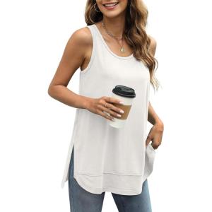 imageWIHOLL Loose Fit Tank Tops for Women Scoop Neck Summer Side Split Sleeveless Shirts 2025 FashionBwhite