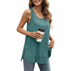 imageWIHOLL Loose Fit Tank Tops for Women Scoop Neck Summer Side Split Sleeveless Shirts 2025 FashionC0 Pine Green