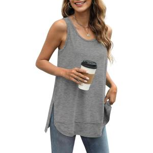 imageWIHOLL Loose Fit Tank Tops for Women Scoop Neck Summer Side Split Sleeveless Shirts 2025 FashionCgrey