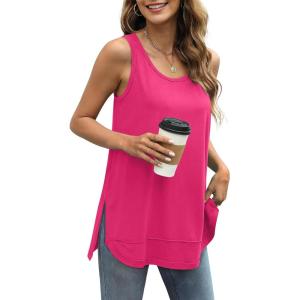 imageWIHOLL Loose Fit Tank Tops for Women Scoop Neck Summer Side Split Sleeveless Shirts 2025 FashionChot Pink