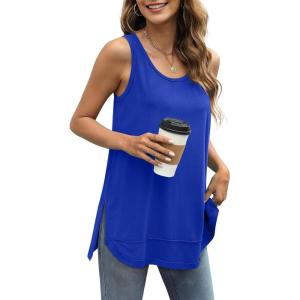 imageWIHOLL Loose Fit Tank Tops for Women Scoop Neck Summer Side Split Sleeveless Shirts 2025 FashionDblue