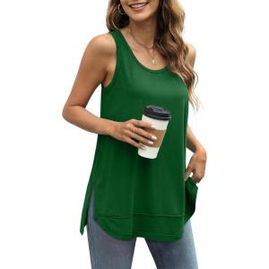 imageWIHOLL Loose Fit Tank Tops for Women Scoop Neck Summer Side Split Sleeveless Shirts 2025 FashionDgreen