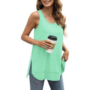 imageWIHOLL Loose Fit Tank Tops for Women Scoop Neck Summer Side Split Sleeveless Shirts 2025 FashionDlight Green