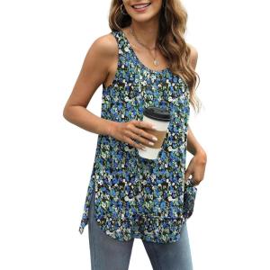 imageWIHOLL Loose Fit Tank Tops for Women Scoop Neck Summer Side Split Sleeveless Shirts 2025 FashionGblue Print