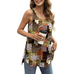 imageWIHOLL Loose Fit Tank Tops for Women Scoop Neck Summer Side Split Sleeveless Shirts 2025 FashionGbrown Print
