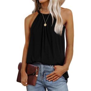 imageWIHOLL Summer Halter Neck Tank Tops for Women Pleated Loose Fit Sleeveless Tops FlowyAblack