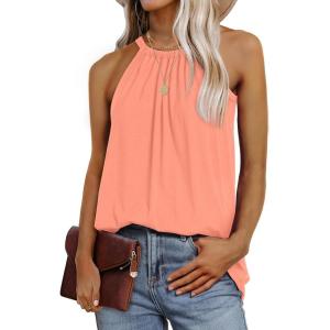 imageWIHOLL Summer Halter Neck Tank Tops for Women Pleated Loose Fit Sleeveless Tops FlowyBcoral