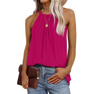 imageWIHOLL Summer Halter Neck Tank Tops for Women Pleated Loose Fit Sleeveless Tops FlowyCrose Red