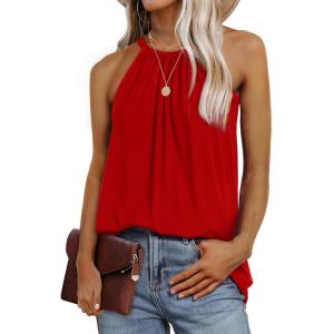 imageWIHOLL Summer Halter Neck Tank Tops for Women Pleated Loose Fit Sleeveless Tops FlowyDred