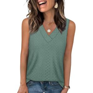 imageWIHOLL Tank Top for Women Summer Outfits V Neck T Shirts Trendy Eyelet Sleeveless Basic Beach Vacation Clothes0bean Green