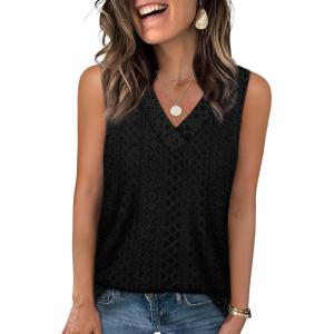 imageWIHOLL Tank Top for Women Summer Outfits V Neck T Shirts Trendy Eyelet Sleeveless Basic Beach Vacation Clothes0black