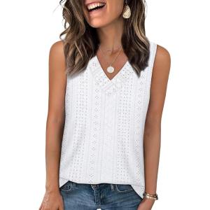 imageWIHOLL Tank Top for Women Summer Outfits V Neck T Shirts Trendy Eyelet Sleeveless Basic Beach Vacation Clothes0white