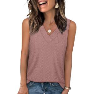 imageWIHOLL Tank Top for Women Summer Outfits V Neck T Shirts Trendy Eyelet Sleeveless Basic Beach Vacation Clothes1dusty Pink