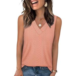imageWIHOLL Tank Top for Women Summer Outfits V Neck T Shirts Trendy Eyelet Sleeveless Basic Beach Vacation Clothes2coral