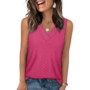imageWIHOLL Tank Top for Women Summer Outfits V Neck T Shirts Trendy Eyelet Sleeveless Basic Beach Vacation Clothes2hot Pink
