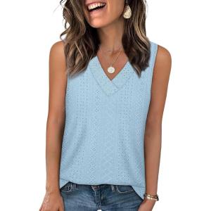 imageWIHOLL Tank Top for Women Summer Outfits V Neck T Shirts Trendy Eyelet Sleeveless Basic Beach Vacation ClothesLight Blue