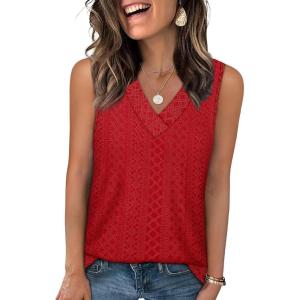 imageWIHOLL Tank Top for Women Summer Outfits V Neck T Shirts Trendy Eyelet Sleeveless Basic Beach Vacation ClothesRed