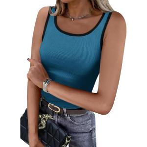 imageWIHOLL Womens Ribbed Tank Tops 2025 Summer Scoop Neck Slim Fitted Tops Casual Basic Knit Sleeveless ShirtsColor Block Blue