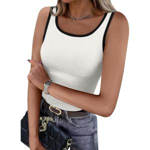 imageWIHOLL Womens Ribbed Tank Tops 2025 Summer Scoop Neck Slim Fitted Tops Casual Basic Knit Sleeveless ShirtsColor Block White