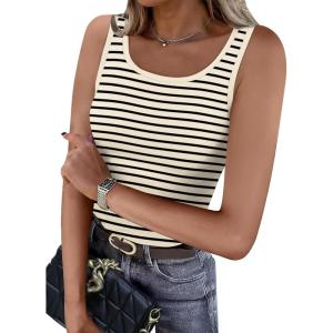 imageWIHOLL Womens Ribbed Tank Tops 2025 Summer Scoop Neck Slim Fitted Tops Casual Basic Knit Sleeveless ShirtsD1beige Stripe