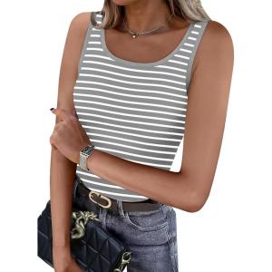 imageWIHOLL Womens Ribbed Tank Tops 2025 Summer Scoop Neck Slim Fitted Tops Casual Basic Knit Sleeveless ShirtsD1grey Stripe