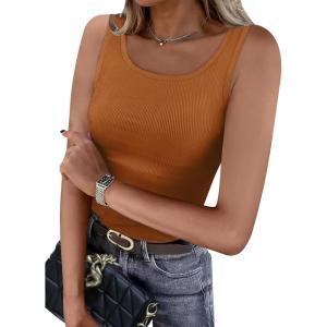 imageWIHOLL Womens Ribbed Tank Tops 2025 Summer Scoop Neck Slim Fitted Tops Casual Basic Knit Sleeveless ShirtsKbrown