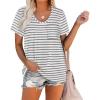 imageWIHOLL Women Summer T Shirts Short Sleeve Rounded V Neck Pocket Tee Tops04gray Striped