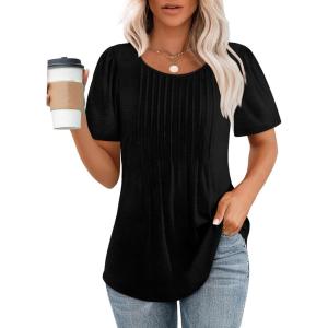 imageWIHOLL Short Sleeve Shirts for Women Summer Dressy Casual Tops Pleated Front01black