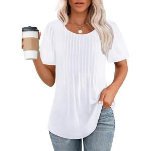 imageWIHOLL Short Sleeve Shirts for Women Summer Dressy Casual Tops Pleated Front02white