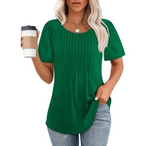 imageWIHOLL Short Sleeve Shirts for Women Summer Dressy Casual Tops Pleated Front03green