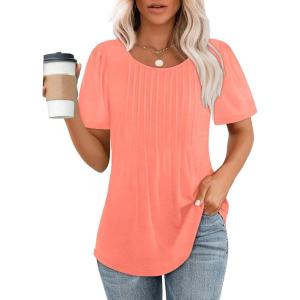 imageWIHOLL Short Sleeve Shirts for Women Summer Dressy Casual Tops Pleated Front05coral