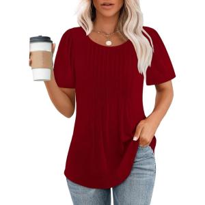 imageWIHOLL Short Sleeve Shirts for Women Summer Dressy Casual Tops Pleated Front06red