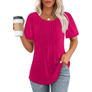 imageWIHOLL Short Sleeve Shirts for Women Summer Dressy Casual Tops Pleated Front08hot Pink