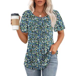 imageWIHOLL Short Sleeve Shirts for Women Summer Dressy Casual Tops Pleated Front1floral Blue