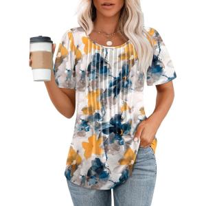 imageWIHOLL Short Sleeve Shirts for Women Summer Dressy Casual Tops Pleated Front2multi Teal